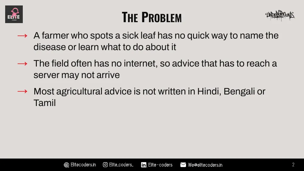 The Problem: a farmer who spots a sick leaf has no quick way to name the disease